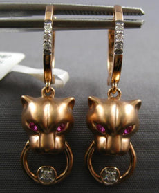 .86CT DIAMOND & AAA PINK RUBY 14KT ROSE GOLD HAPPY PANTHER FUN HANGING EARRINGS
