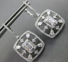 LARGE 2.14CT DIAMOND 18K WHITE GOLD ROUND BAGUETTE & PEAR SHAPE HANGING EARRINGS
