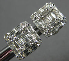 1.08CT DIAMOND 18KT WHITE GOLD 3D ROUND & BAGUETTE CLUSTER SQUARE STUD EARRINGS