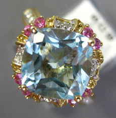 4.47CT DIAMOND AAA PINK SAPPHIRE & BLUE TOPAZ 14K YELLOW GOLD SQUARE FLOWER RING