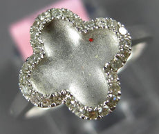 ESTATE .20CT DIAMOND 14K WHITE GOLD 4 LEAF CLOVER FLOWER MATTE & SHINY LOVE RING