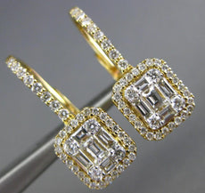 .89CT DIAMOND 18KT YELLOW GOLD 3D ROUND & BAGUETTE SQUARE HALO HANGING EARRINGS
