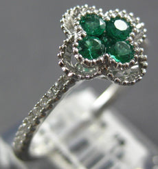 .43CT DIAMOND & AAA EMERALD 18KT WHITE GOLD ROUND 4 LEAF CLOVER FLOWER LOVE RING