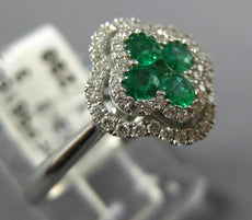 .53CT DIAMOND & AAA EMERALD 18K WHITE GOLD 4 LEAF CLOVER FLOWER DOUBLE HALO RING