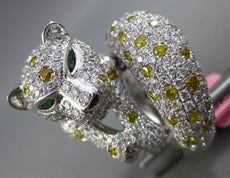8.58CT WHITE & CANARY DIAMOND & EMERALD 18K WHITE GOLD HAPPY JAGUAR PANTHER RING