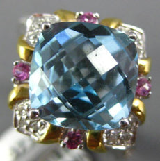 4.61CT DIAMOND & AAA BLUE TOPAZ & PINK SAPPHIRE 14KT 2 TONE GOLD FLOWER FUN RING