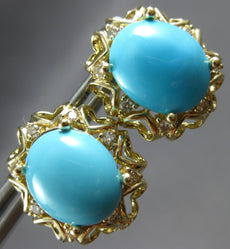 LARGE .25CT DIAMOND & AAA TURQUOISE 14K YELLOW GOLD 3D OVAL STUD EARRINGS #27843