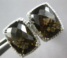 LARGE 10.76CT DIAMOND & AAA SMOKY TOPAZ 14KT WHITE GOLD CLIP ON HANGING EARRINGS