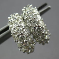 ESTATE WIDE 1.46CT DIAMOND 14KT WHITE GOLD 3D 3 ROW HUGGIE HANGING HOOP EARRINGS