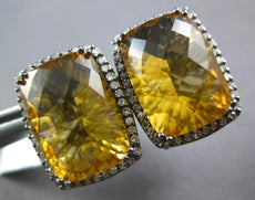 LARGE 16.71CT DIAMOND & AAA CITRINE 14KT WHITE GOLD CUSHION CUT CLIP ON EARRINGS