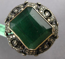 ANTIQUE LARGE 12CT MOCHA DIAMOND & AAA EMERALD 18K YELLOW GOLD & 925 SILVER RING