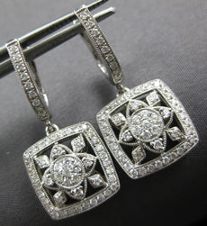 ESTATE .79CT DIAMOND 14K WHITE GOLD OPEN FILIGREE SQUARE FLOWER HANGING EARRINGS