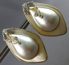 EXTRA LARGE .14CT DIAMOND & AAA PEARL 14K 2 TONE GOLD 3D HANGING EARRINGS #27898