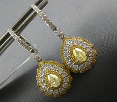 LARGE 2.4CT WHITE & CANARY DIAMOND 18KT TWO TONE GOLD TEAR DROP HANGING EARRINGS