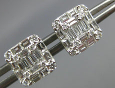 LARGE .95CT DIAMOND 18K WHITE GOLD ROUND & BAGUETTE CLUSTER SQUARE STUD EARRINGS