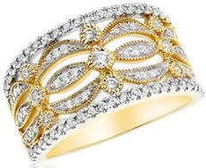 WIDE .55CT DIAMOND 14KT YELLOW GOLD MULTI ROW FILIGREE MILGRAIN ANNIVERSARY RING