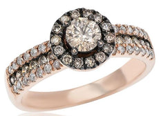 1.04CT WHITE & CHOCOLATE FANCY DIAMOND 14KT ROSE GOLD 3D HALO ENGAGEMENT RING
