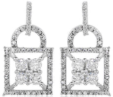 ESTATE .45CT DIAMOND 14KT WHITE GOLD 3D FLOWER SQUARE LOCK HANGING EARRINGS