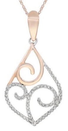 .25CT DIAMOND 14KT WHITE & ROSE GOLD 3D OPEN FILIGREE TEAR DROP FUN PENDANT