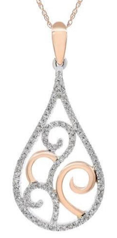 .31CT DIAMOND 14KT WHITE & ROSE GOLD 3D OPEN FILIGREE TEAR DROP FUN PENDANT