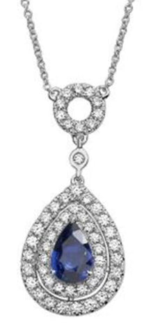 1.72CT DIAMOND & AAA SAPPHIRE 18KT WHITE GOLD 3D PEAR SHAPE DOUBLE HALO NECKLACE