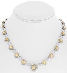 14.16CT WHITE & CANARY DIAMOND 18KT WHITE GOLD 3D ROUND & HEART TENNIS NECKLACE