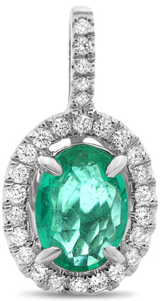 .79CT DIAMOND & AAA EMERALD 18K WHITE GOLD 3D OVAL & ROUND HALO FLOATING PENDANT