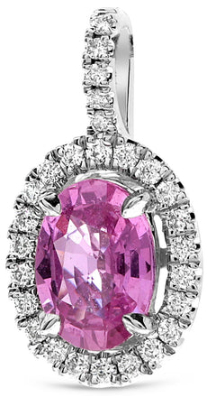 1.01CT DIAMOND & AAA PINK SAPPHIRE 18KT WHITE GOLD 3D OVAL & ROUND HALO PENDANT