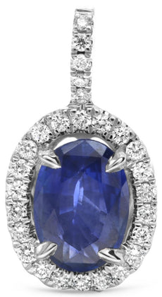 1.08CT DIAMOND & AAA SAPPHIRE 18KT WHITE GOLD OVAL & ROUND HALO FLOATING PENDANT