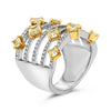 LARGE 3CT WHITE & CANARY DIAMOND 18K WHITE GOLD ROUND & CUSHION ANNIVERSARY RING