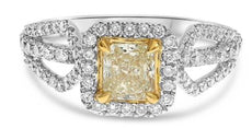 1.26CT WHITE & CANARY DIAMOND 18KT 2 TONE GOLD CUSHION & ROUND ENGAGEMENT RING
