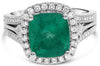 LARGE 4.1CT DIAMOND & AAA EMERALD 18K WHITE GOLD CUSHION & ROUND ENGAGEMENT RING