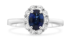 1.79CT DIAMOND & AAA SAPPHIRE 18K WHITE GOLD OVAL & ROUND FLOWER ENGAGEMENT RING