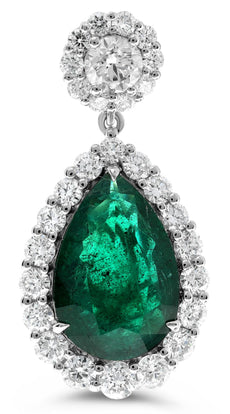 LARGE 11.27CT DIAMOND & AAA EMERALD 18KT WHITE GOLD PEAR SHAPE HANGING EARRINGS