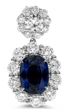 EXTRA LARGE 13.73CT DIAMOND & AAA SAPPHIRE 18KT WHITE GOLD OVAL HANGING EARRINGS