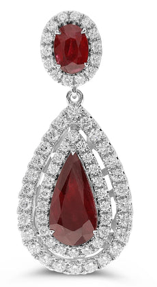 ESTATE LARGE 5.73CT DIAMOND & AAA RUBY 18K WHITE GOLD TEAR DROP HANGING EARRINGS