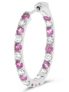 1.66CT DIAMOND AAA PINK SAPPHIRE 14K WHITE GOLD INSIDE OUT HOOP HANGING EARRINGS