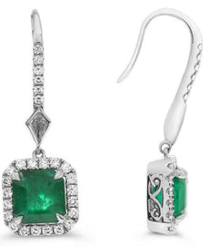 3.47CT DIAMOND & AAA EMERALD 18KT WHITE GOLD EMERALD CUT HALO HANGING EARRINGS