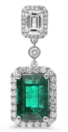 LARGE 7.28CT DIAMOND & AAA EMERALD 18KT WHITE GOLD 3D BAGUETTE HANGING EARRINGS