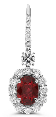 LARGE 7.98CT DIAMOND & RUBY 18KT WHITE GOLD OVAL & ROUND FLOWER HANGING EARRINGS