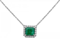 1.45CT DIAMOND & EMERALD 14KT WHITE GOLD 3D SQUARE HEXAGON HALO CLASSIC NECKLACE