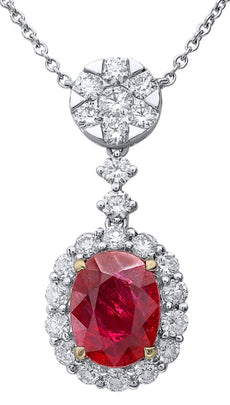 2.97CT DIAMOND & AAA RUBY 18KT 2 TONE GOLD 3D OVAL & ROUND FLOWER LOVE NECKLACE