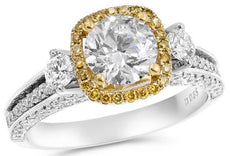 1.86CT WHITE & FANCY YELLOW DIAMOND 18KT 2 TONE GOLD ROUND HALO ENGAGEMENT RING