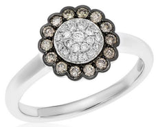 .41CT WHITE & CHOCOLATE FANCY DIAMOND 14KT WHITE GOLD 3D FLOWER CLUSTER FUN RING