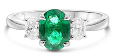 1.48CT DIAMOND & AAA EMERALD PLATINUM 3D OVAL 3 STONE CLASSIC ENGAGEMENT RING