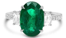 3.86CT DIAMOND & AAA EMERALD PLATINUM OVAL & TRAPEZOID 3 STONE ENGAGEMENT RING