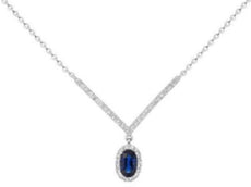 .49CT DIAMOND & AAA SAPPHIRE 14K WHITE GOLD OVAL AND ROUND HALO V SHAPE NECKLACE