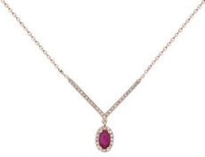 .40CT DIAMOND & AAA RUBY 14KT ROSE GOLD 3D OVAL AND ROUND HALO V SHAPE NECKLACE