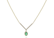 .09CT DIAMOND & AAA EMERALD 14KT YELLOW GOLD 3D OVAL & ROUND V SHAPE NECKLACE