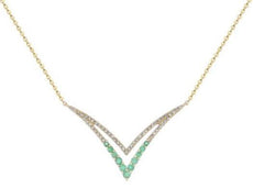 .32CT DIAMOND & AAA EMERALD 14KT YELLOW GOLD 3D V SHAPE BUTTERFLY LOVE NECKLACE